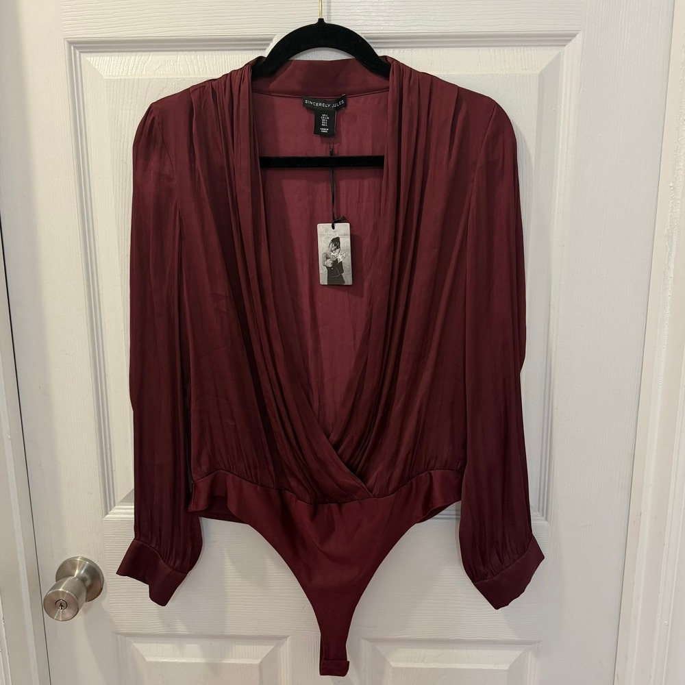 NEW Sincerely Jules Womens Lg Burgundy Deep Plunge Satin Long Sleeve Bodysuit